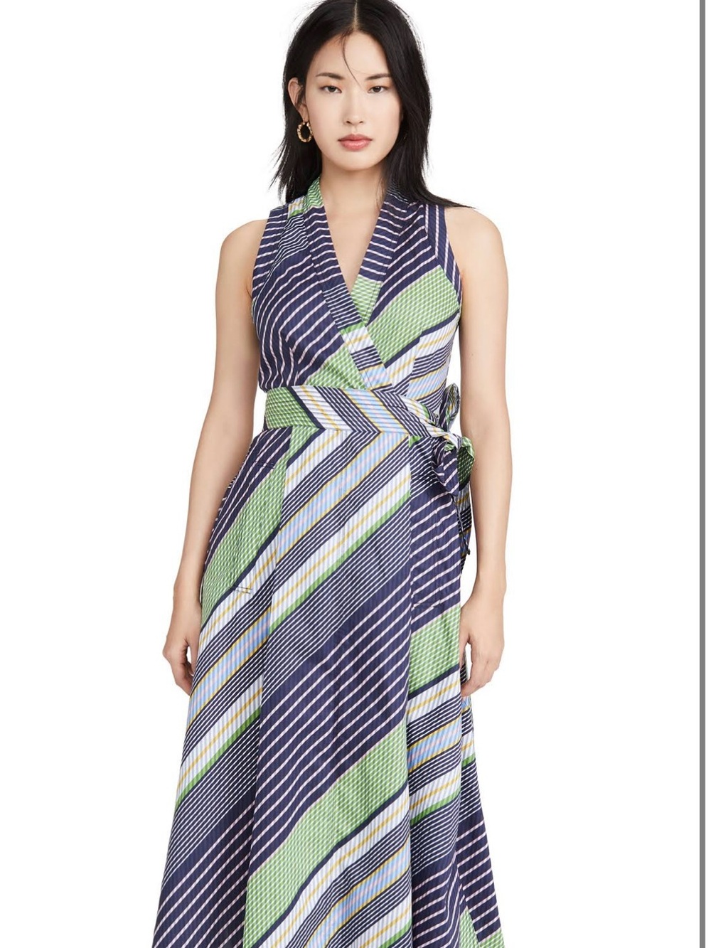 Tory Burch Navy, Green and Light-Blue Striped Wrap Maxi Dress